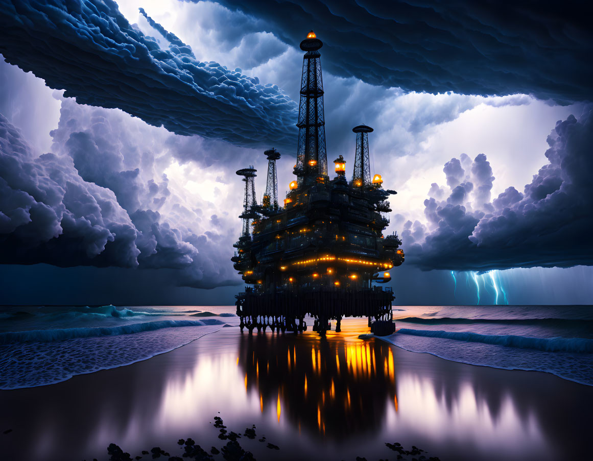 Night view of oil rig under storm clouds with lightning on ocean.