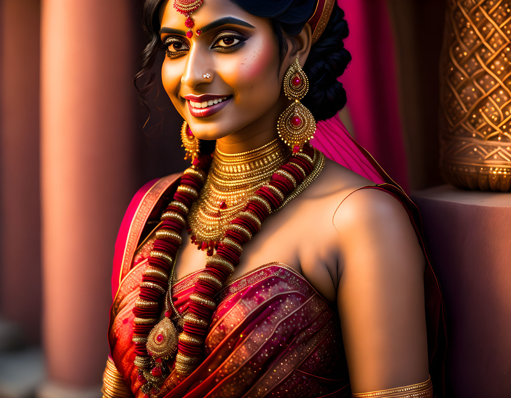 Traditional Indian Bridal Attire with Elaborate Jewelry and Red Saree