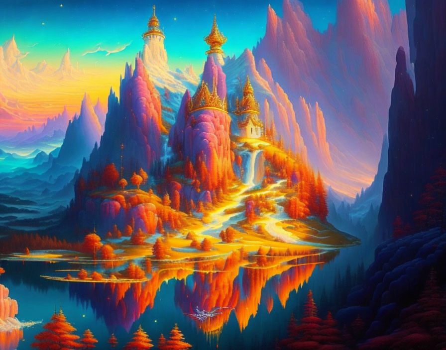 Majestic castle in colorful fantasy landscape