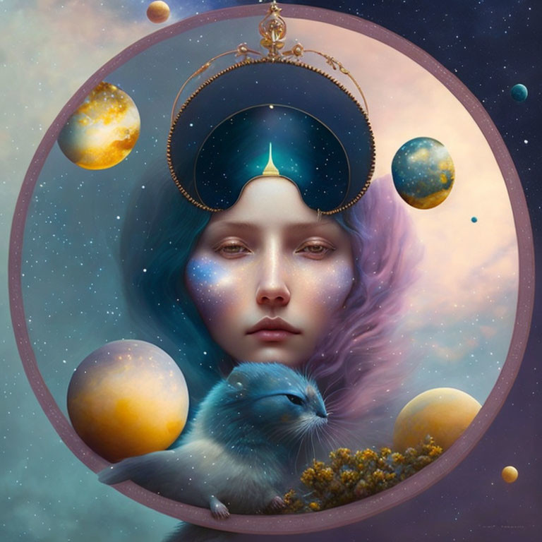 Woman portrait with cosmic elements and celestial frame.