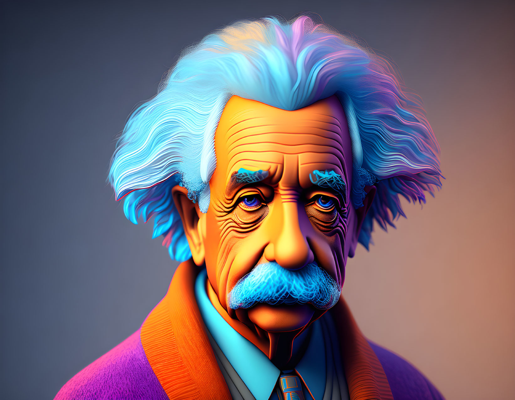 Vibrant 3D rendering of a theoretical physicist with blue hair and a suit