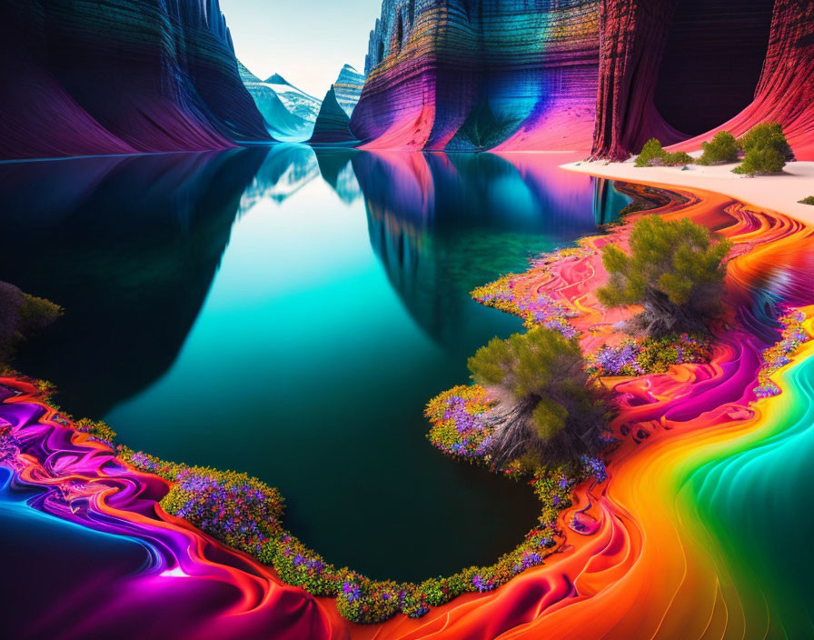 Vibrant landscape with blue river, colorful foliage, and rock formations