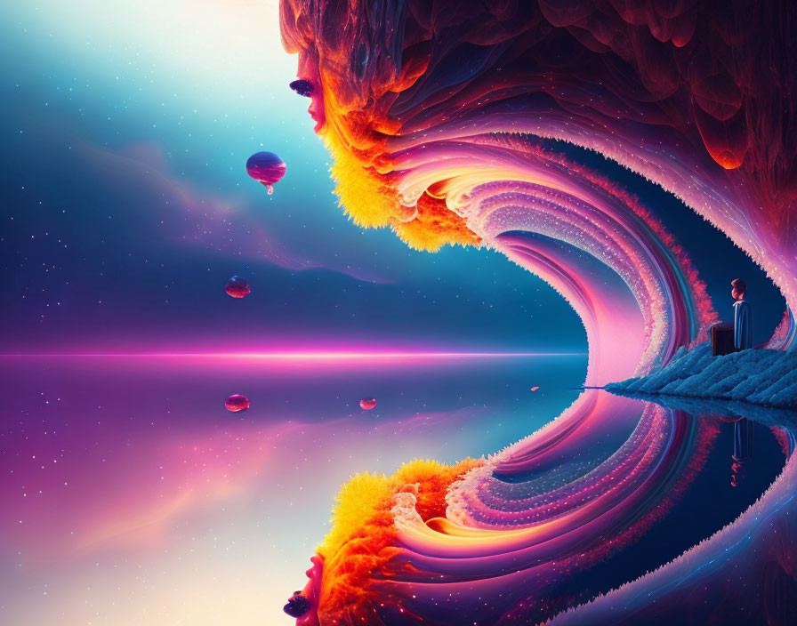 Vibrant surreal landscape with levitating islands and swirling sky