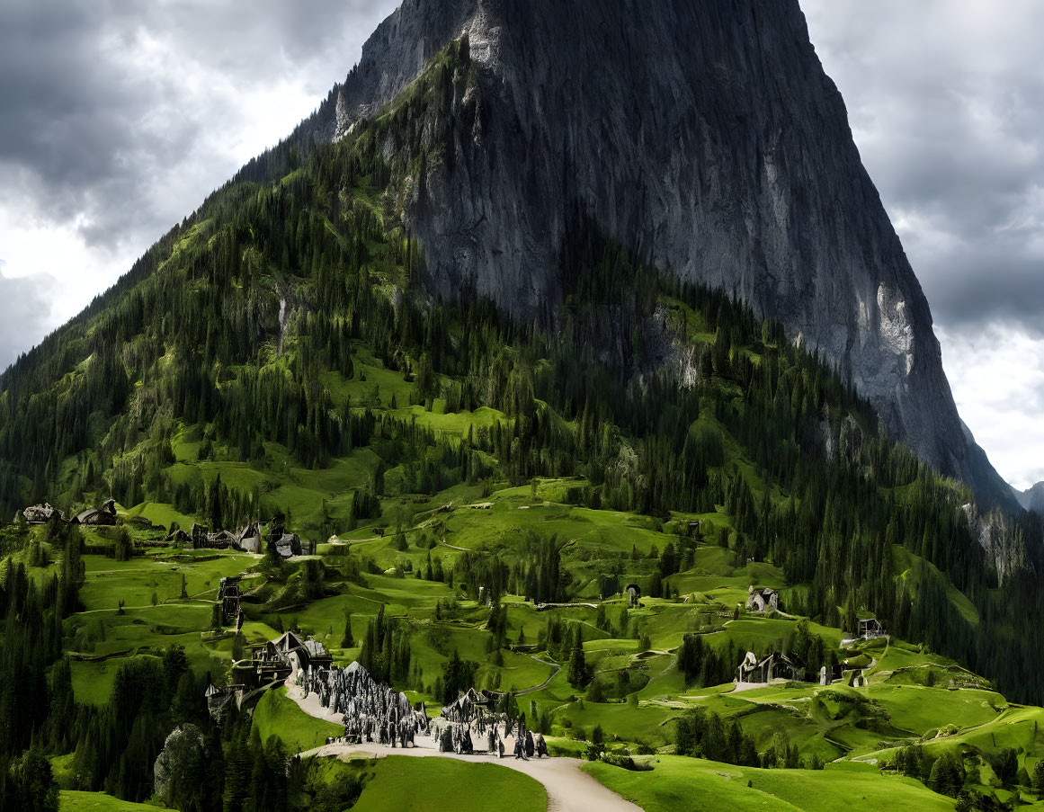 Scenic alpine village nestled in lush green slopes