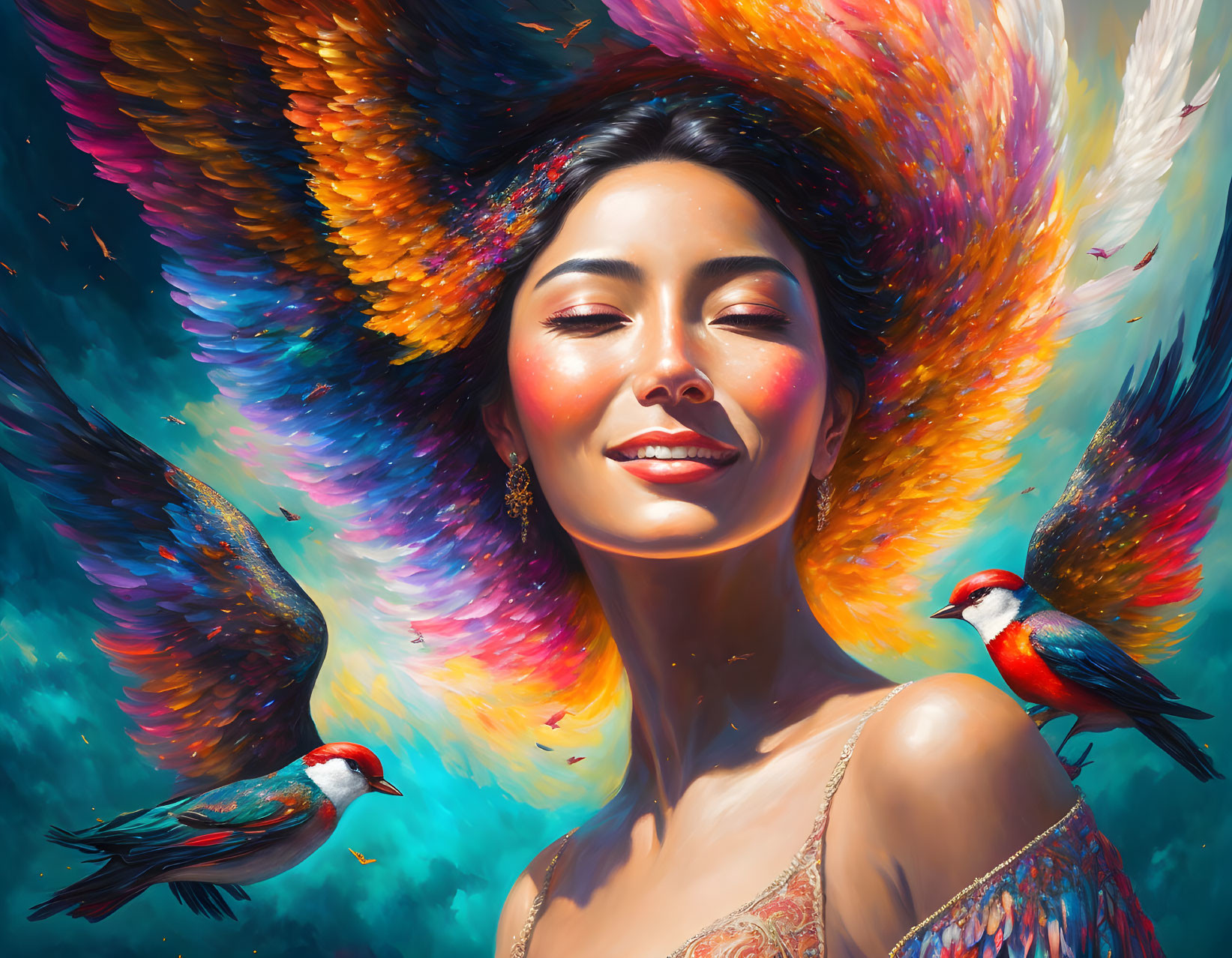 Colorful woman with bird-like hair and vibrant birds in dynamic scene