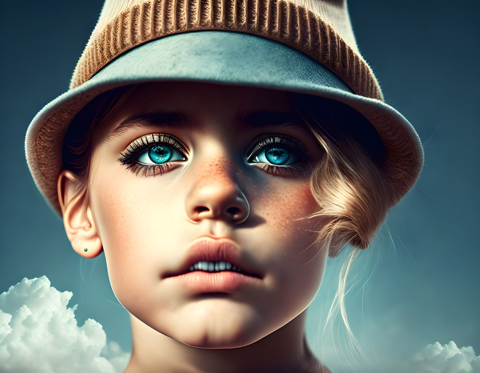 Young child with blue eyes and freckles in beige hat under cloudy sky