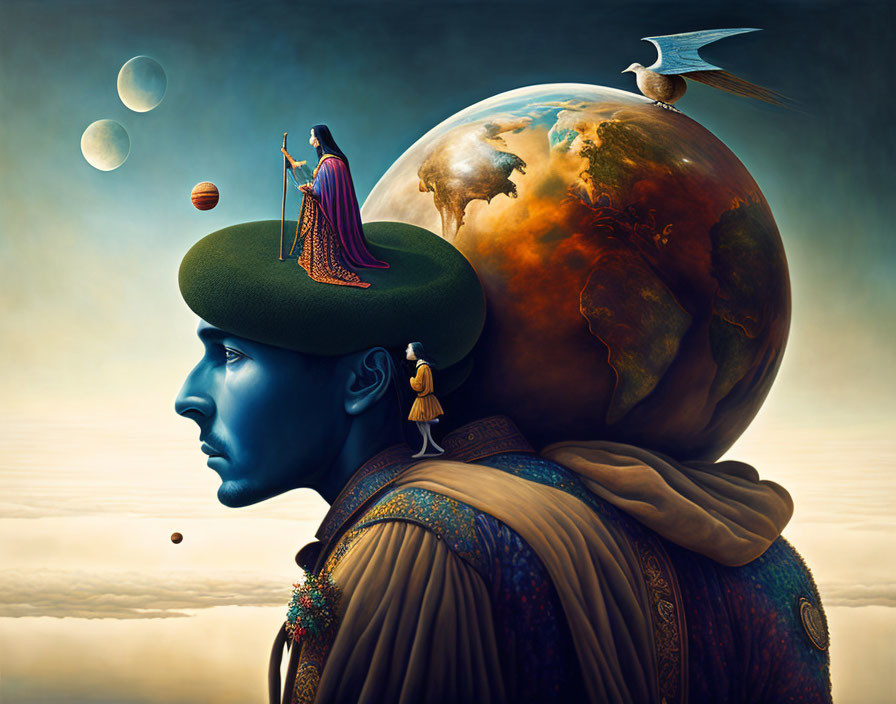 Surreal illustration: man with globe head, woman on cliff, floating planets, bird, tiny