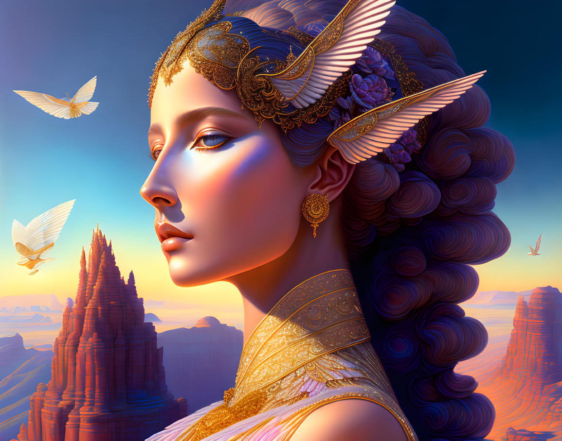 Digital Artwork: Woman with Gold Headdress, Glowing Skin, Sunrise & Canyons