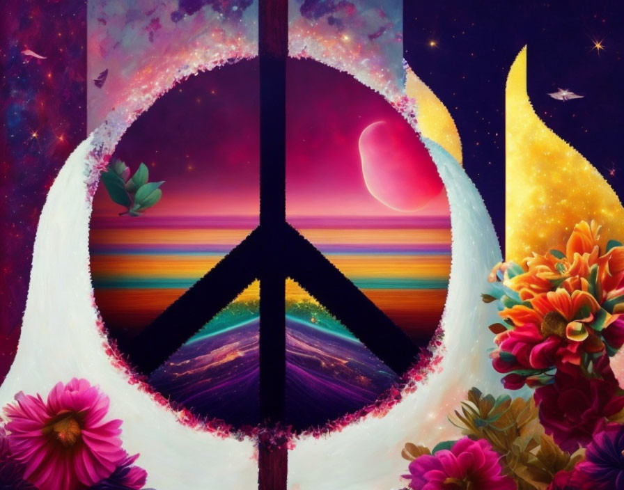 Colorful cosmic peace symbol with gradient sky, planets, stars, and floral elements