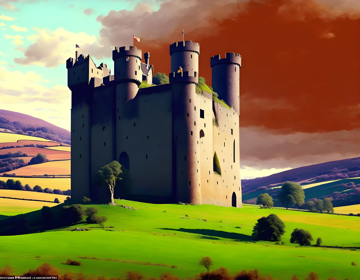 Majestic castle with cylindrical turrets on lush green hillside under orange sky