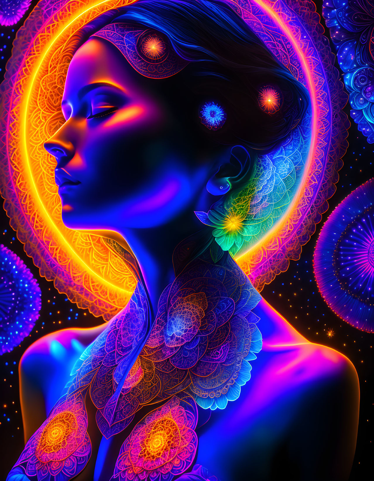 Colorful digital artwork: Woman in profile with neon mandala patterns