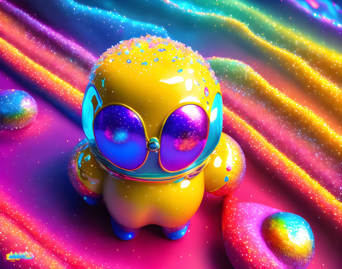 Colorful Cartoon Character in Glittery Landscape with Orbs