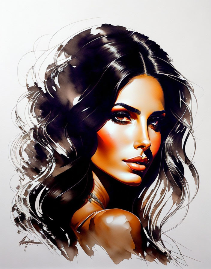 Abstract woman portrait with flowing hair and prominent makeup in neutral tones