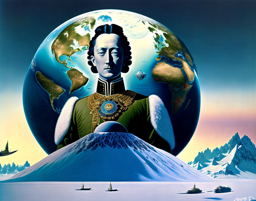 Surreal illustration of person in historical attire with snowy mountain landscape and Earth backdrop