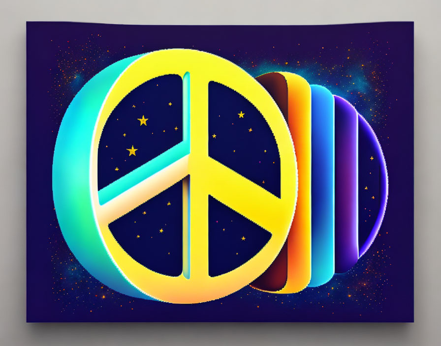 Colorful Graphic Artwork: Peace Symbol and Saturn Planet in Starry Space