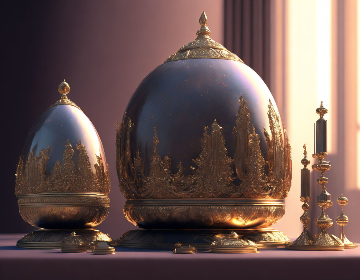 Ornate golden eggs with intricate designs on reflective surface beside elegant candlesticks on purple backdrop