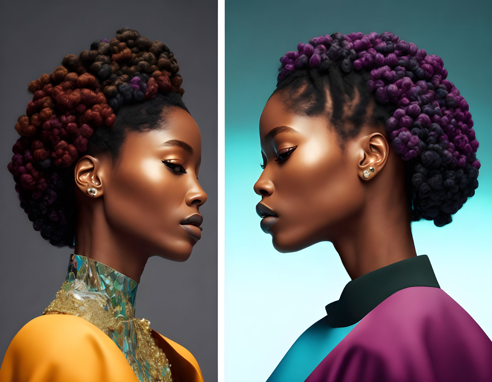 Dual portraits of woman with artistic makeup, colorful hair buns, and elegant attire on gradient backdrop