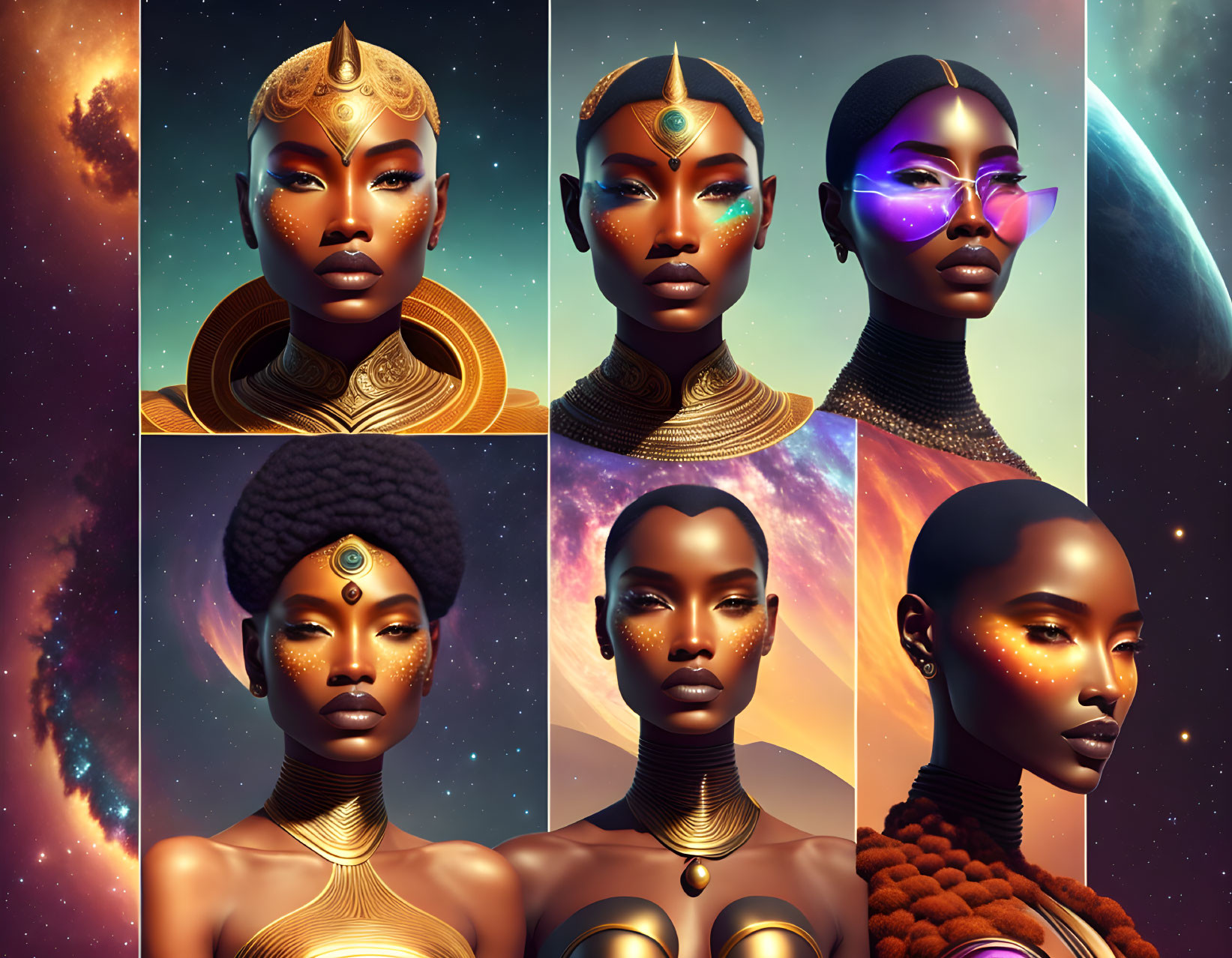 Stylized futuristic portraits of women with gold accessories and cosmic backdrops