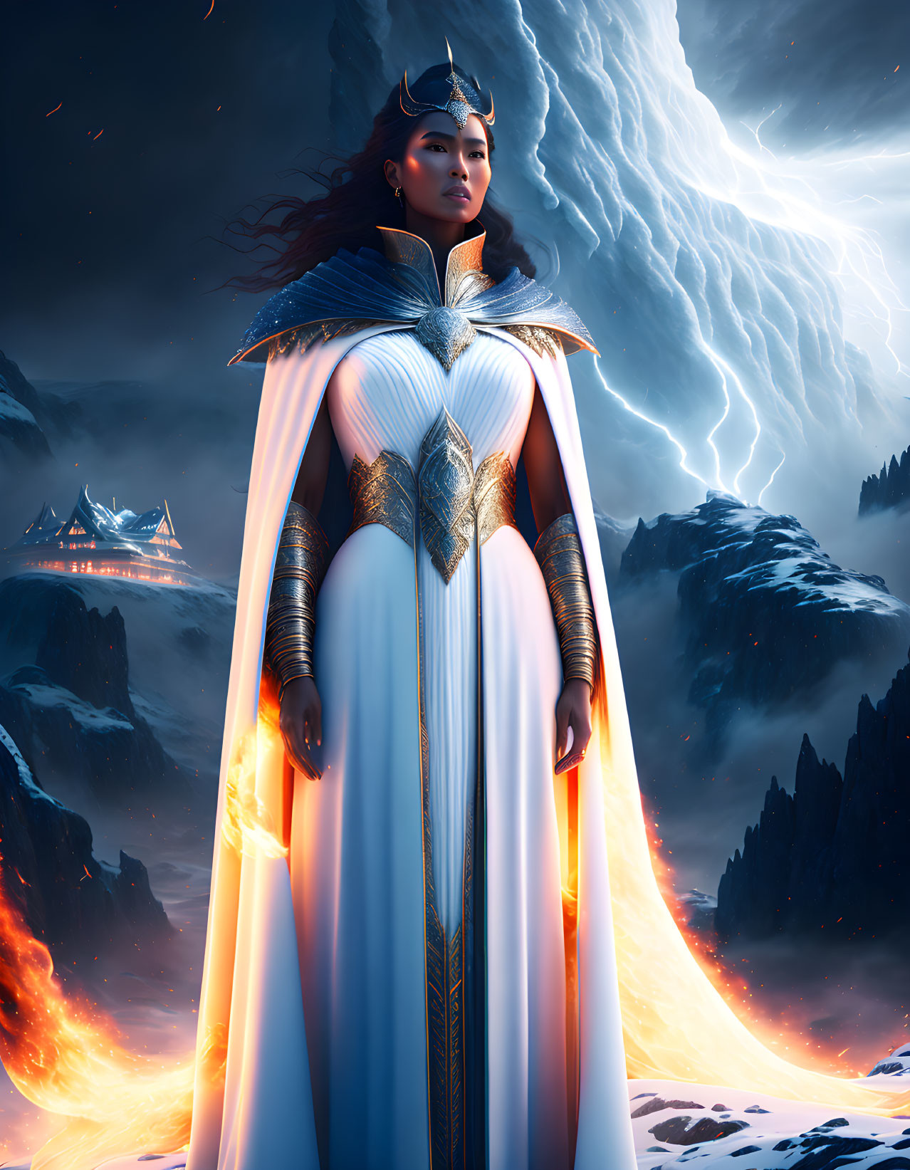 Fantasy female figure in regal armor with lightning, lava, and castle landscape