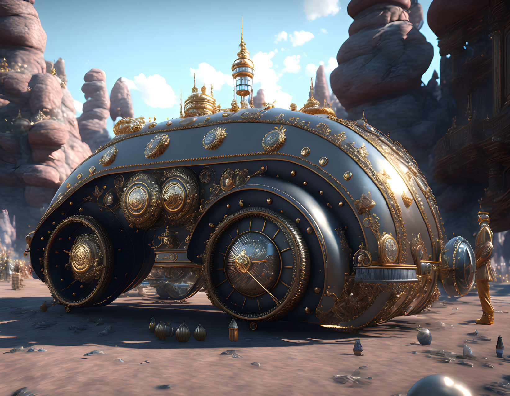 Gold-trimmed ornate carriage amidst towering rock formations under clear blue sky