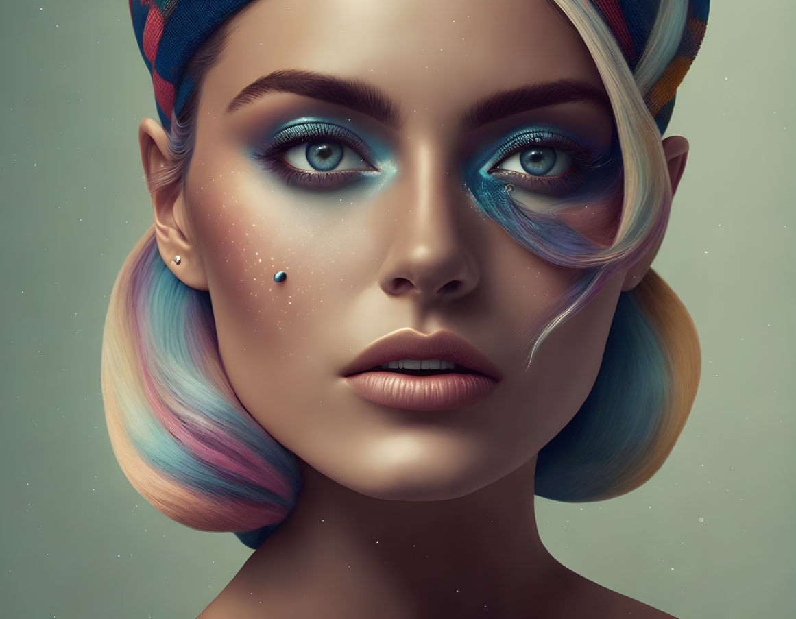 Multicolored pastel hair woman with blue eyeshadow and headscarf.