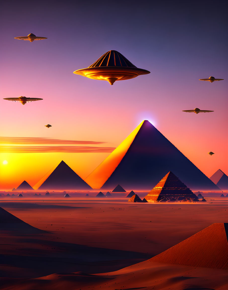 Sunset scene: Egyptian pyramids with futuristic UFOs in sky