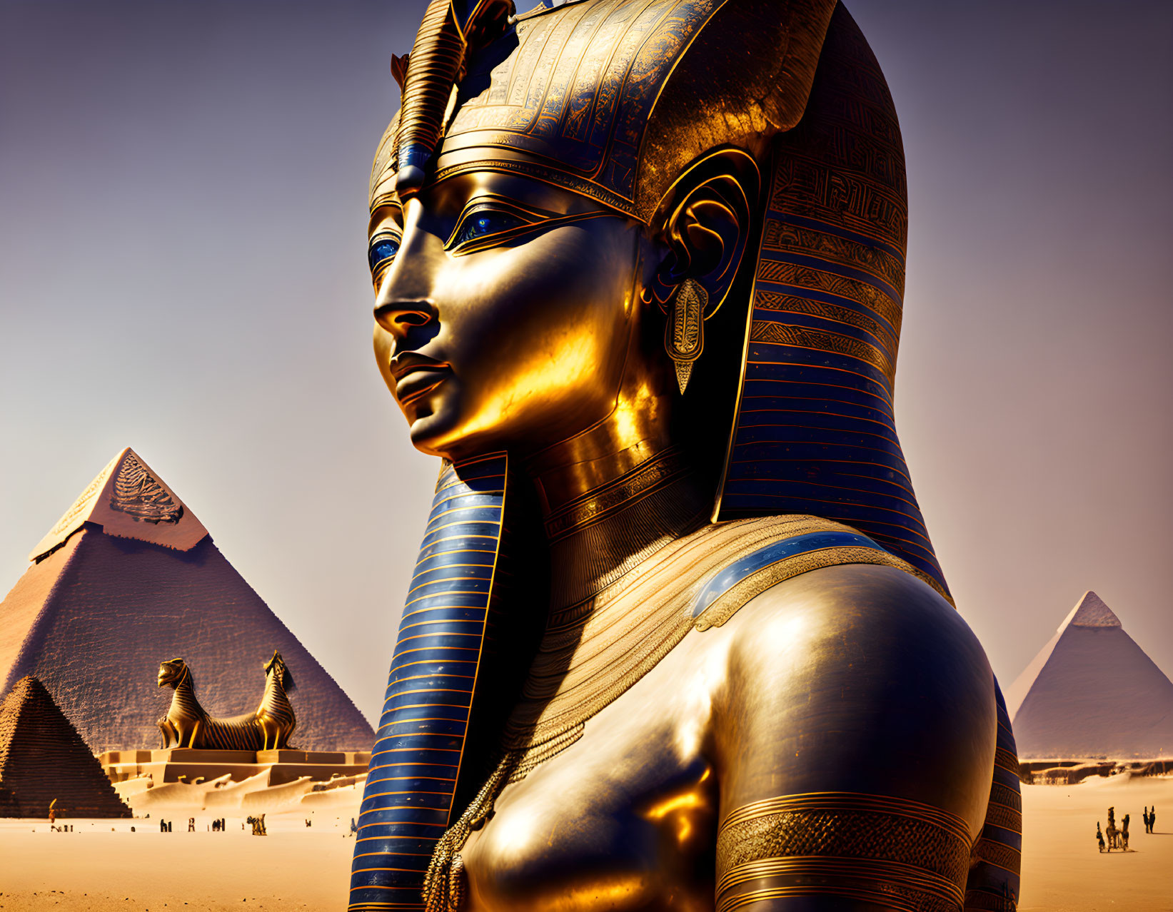 Golden Egyptian Pharaoh Statue with Sphinx and Pyramids in Desert Sky