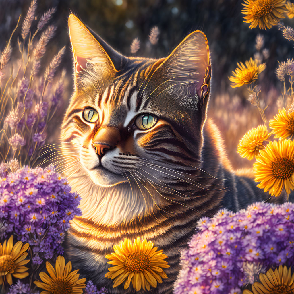 Tabby Cat with Striking Markings in Field of Yellow and Purple Flowers