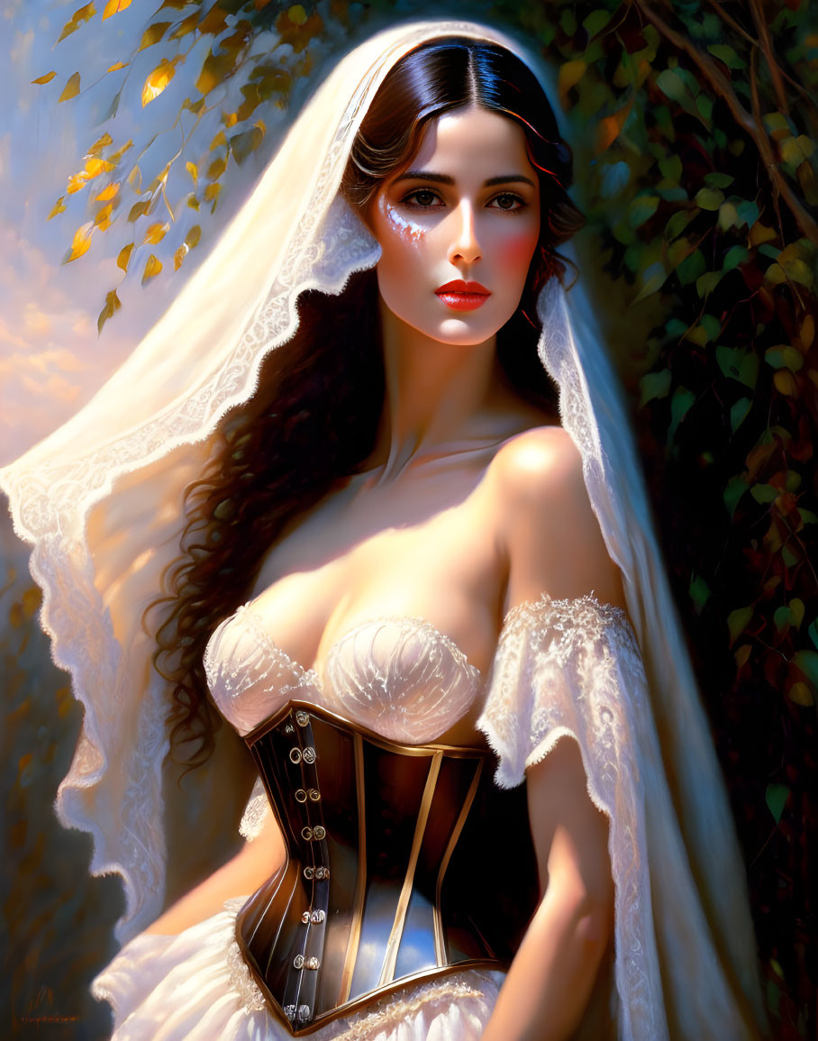 Dark-haired woman in white corset and bridal veil against leafy backdrop with captivating gaze.