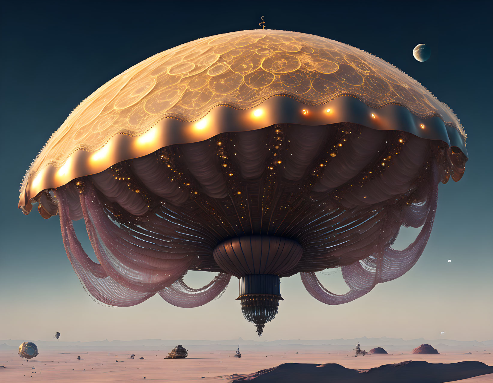 Steampunk airship in desert twilight with ships and planets.