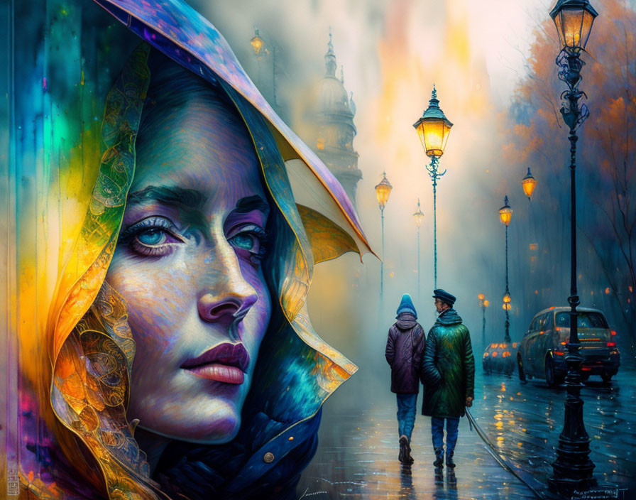 Colorful cityscape artwork with woman's face and rainy urban scene.