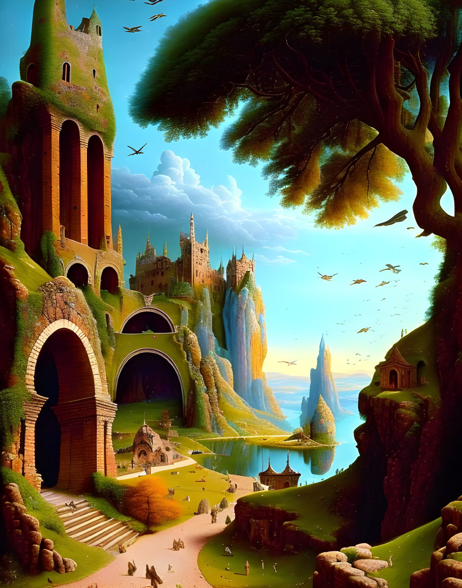 Fantastical landscape with castles, greenery, birds, and people walking towards an arched