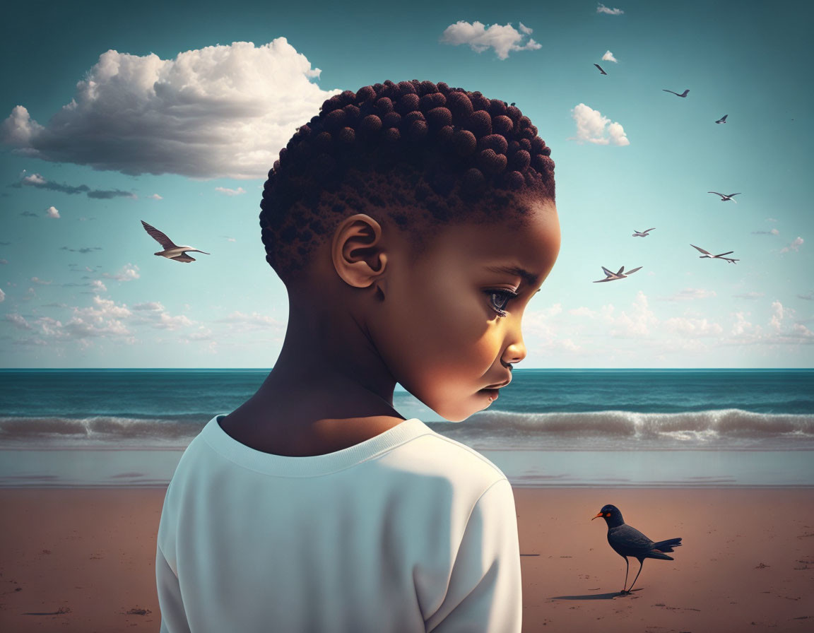 Child with braided hair gazes at bird on serene beach