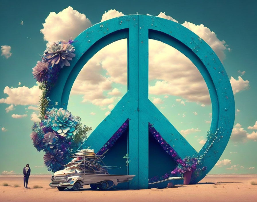 Man standing by large turquoise peace symbol in desert with classic car.