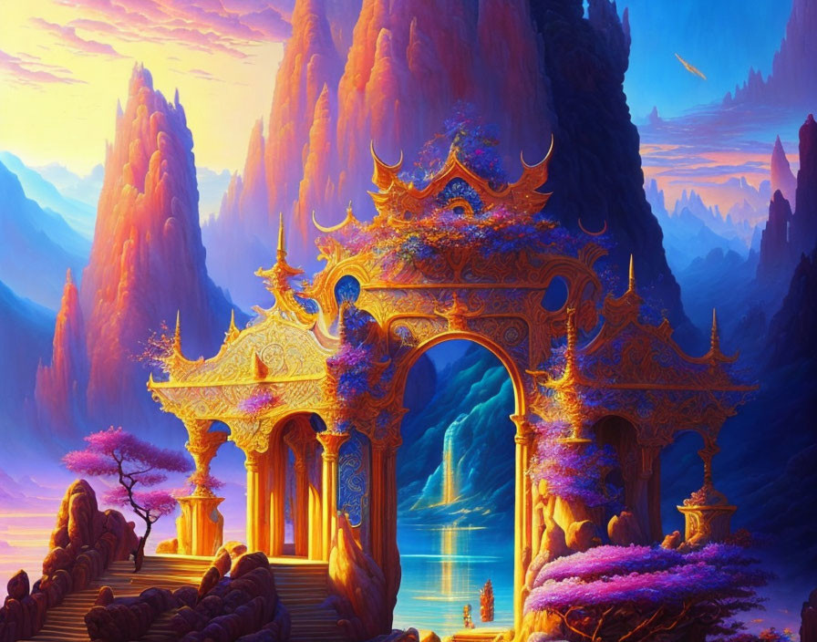 Golden gateway surrounded by purple trees by serene river and pink cliffs under dusky sky