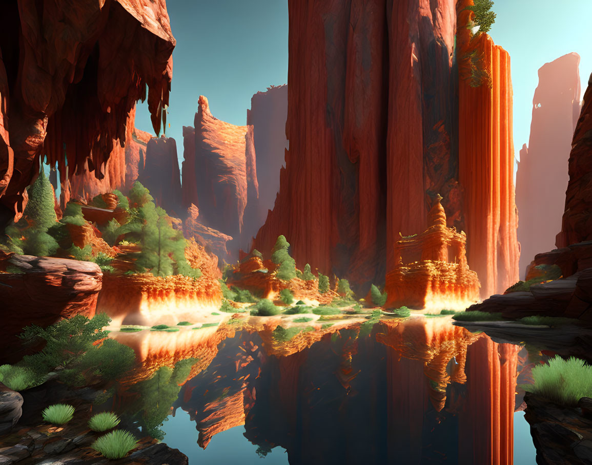 Tranquil red rock landscape with water reflection