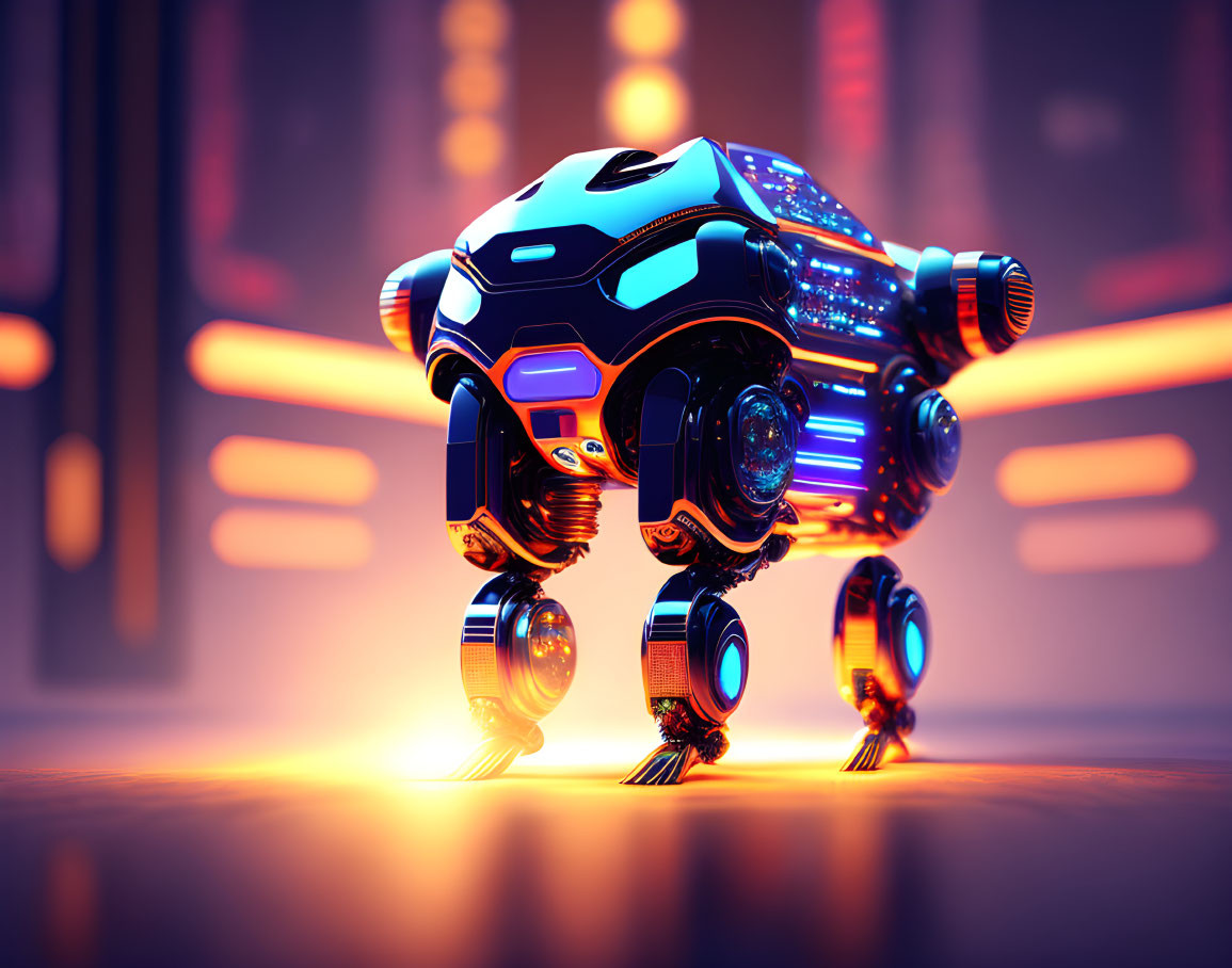 Futuristic robotic quadruped in neon-lit corridor with blue accents