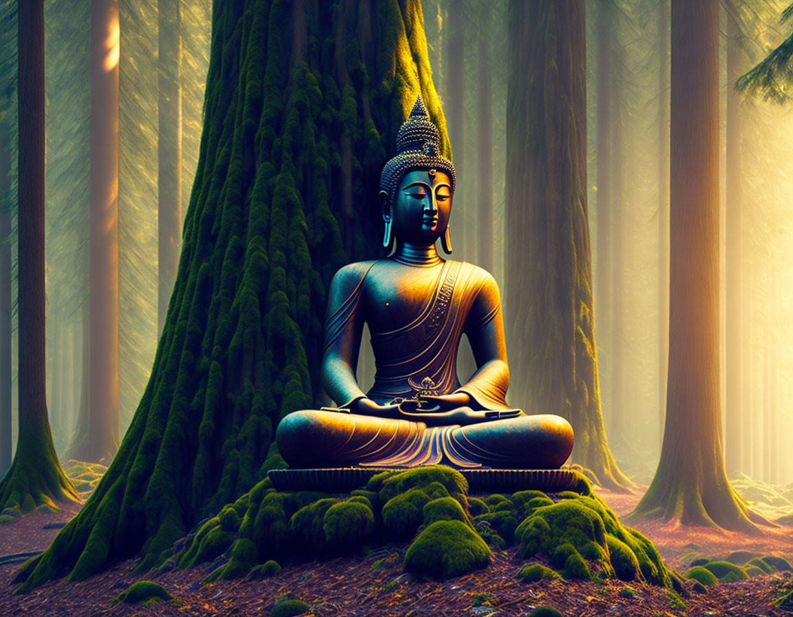 Buddha statue in meditative pose in misty forest landscape