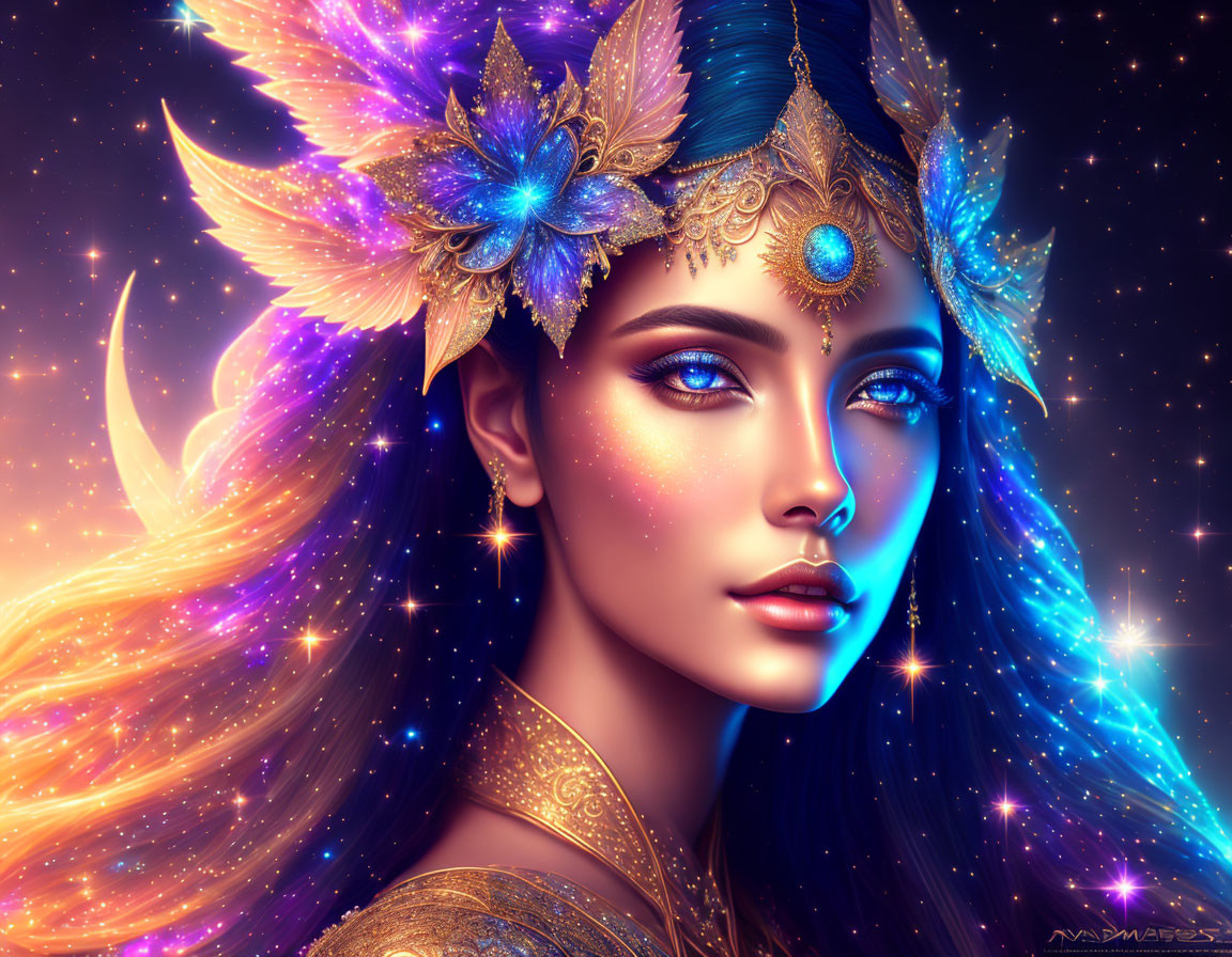 Fantastical female portrait with cosmic-inspired makeup and golden headgear