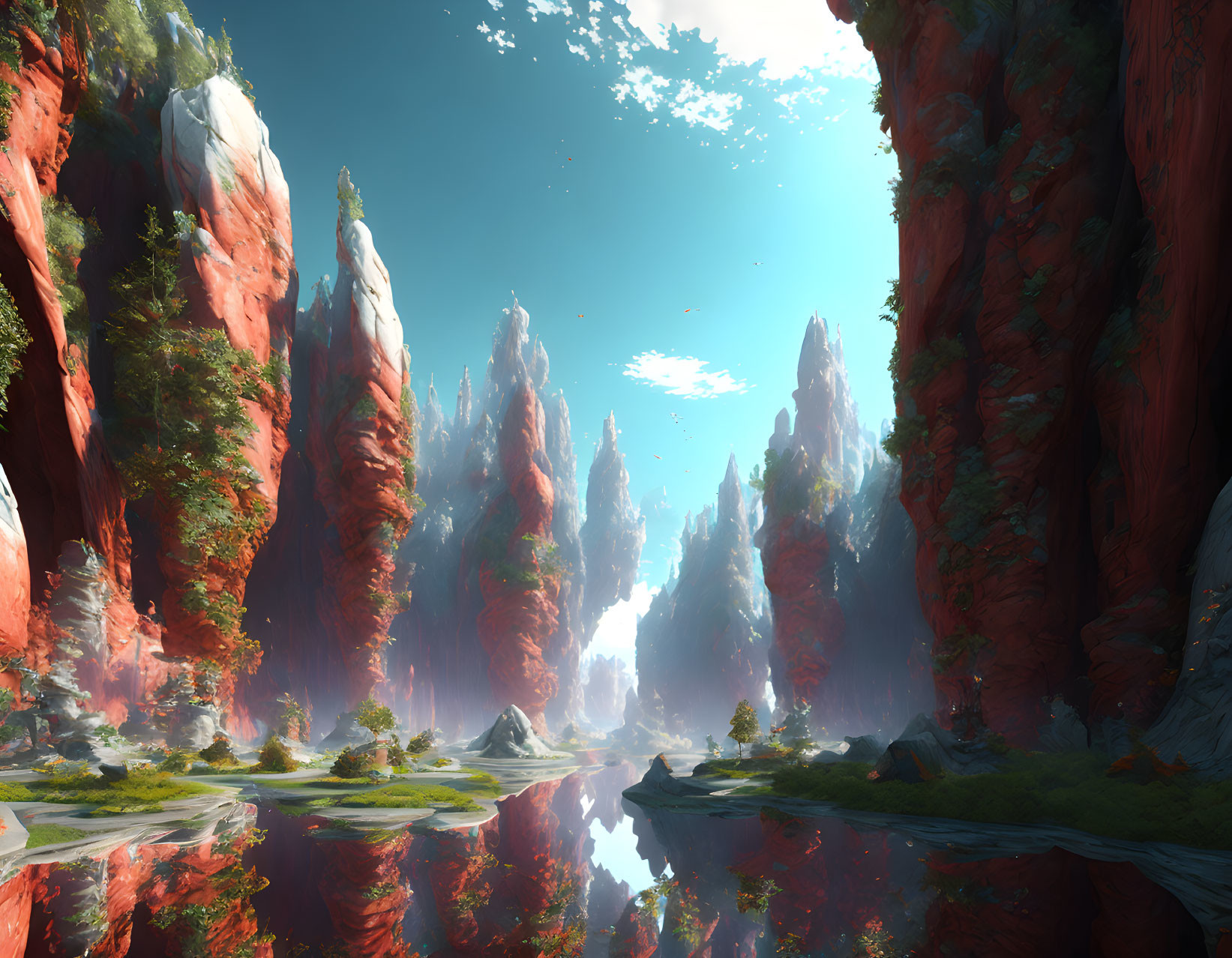 Tranquil Valley with Red Cliffs, River, Greenery, and Blue Sky