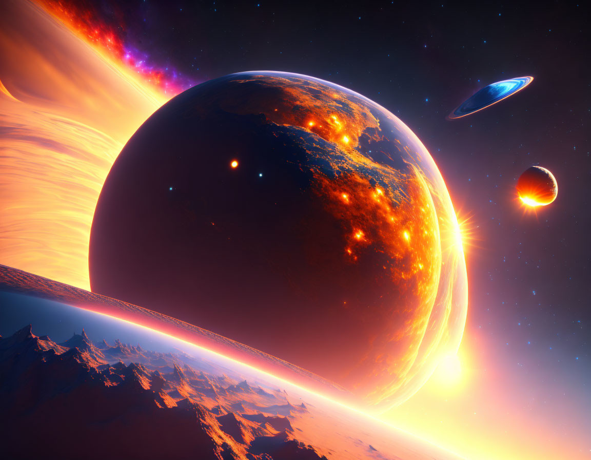 Vibrant space scene with glowing sun, Earth-like planet, ringed planet, flying saucer