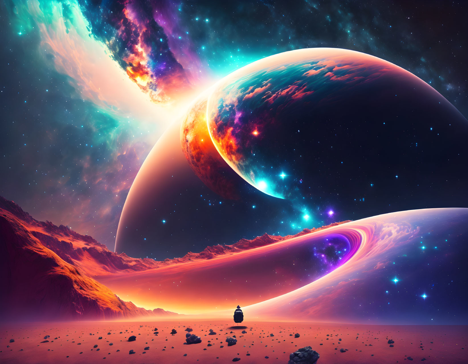 Vibrant cosmic landscape with massive celestial bodies