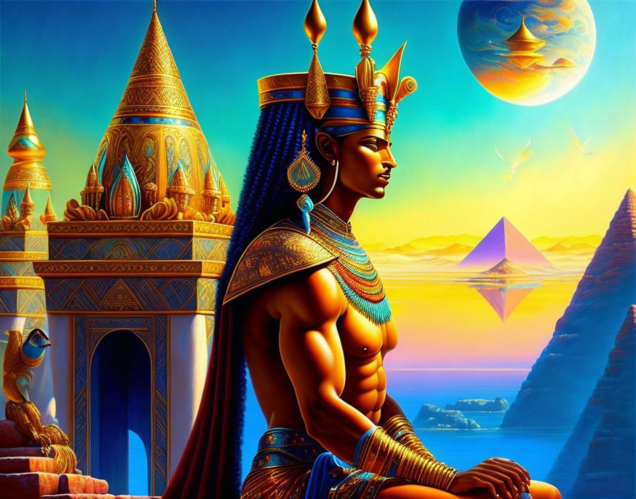 Colorful Egyptian Pharaoh Artwork with Pyramids & Sun