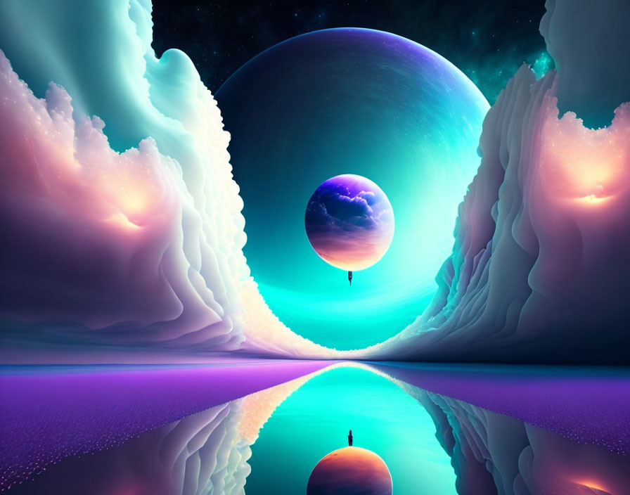 Surreal neon-colored waves and orb in twilight landscape