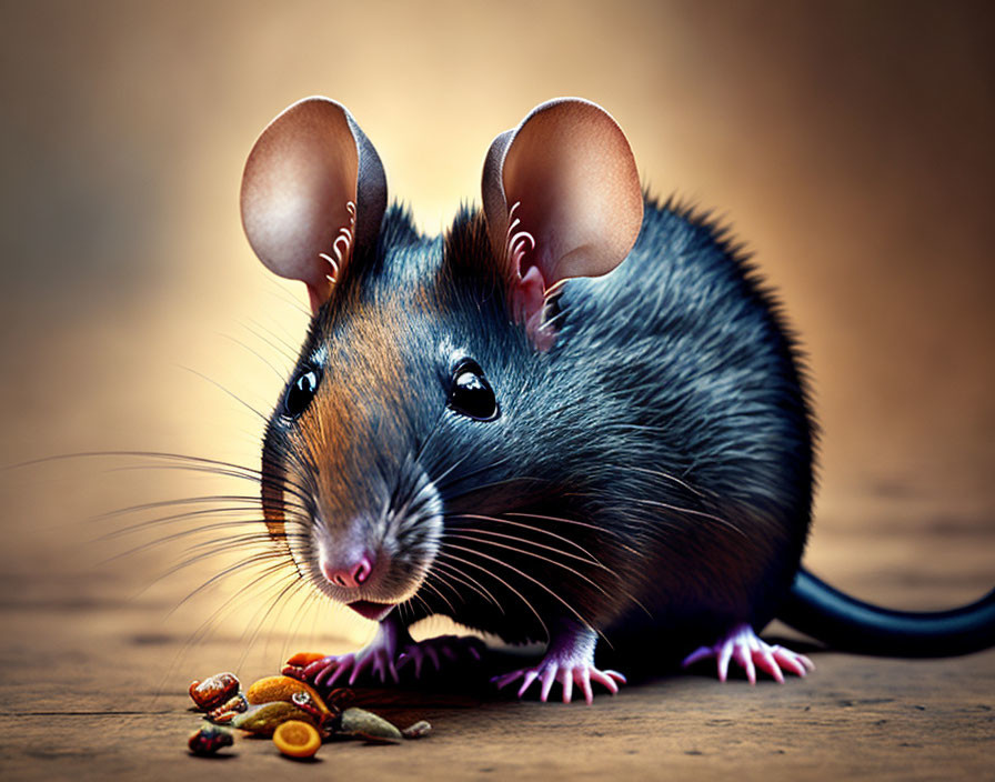 Realistic mouse illustration with shiny fur and detailed features nibbling on grains and seeds