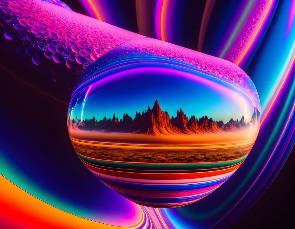 Colorful digital artwork: spherical droplet, desert reflection, wavy lines, bubbles