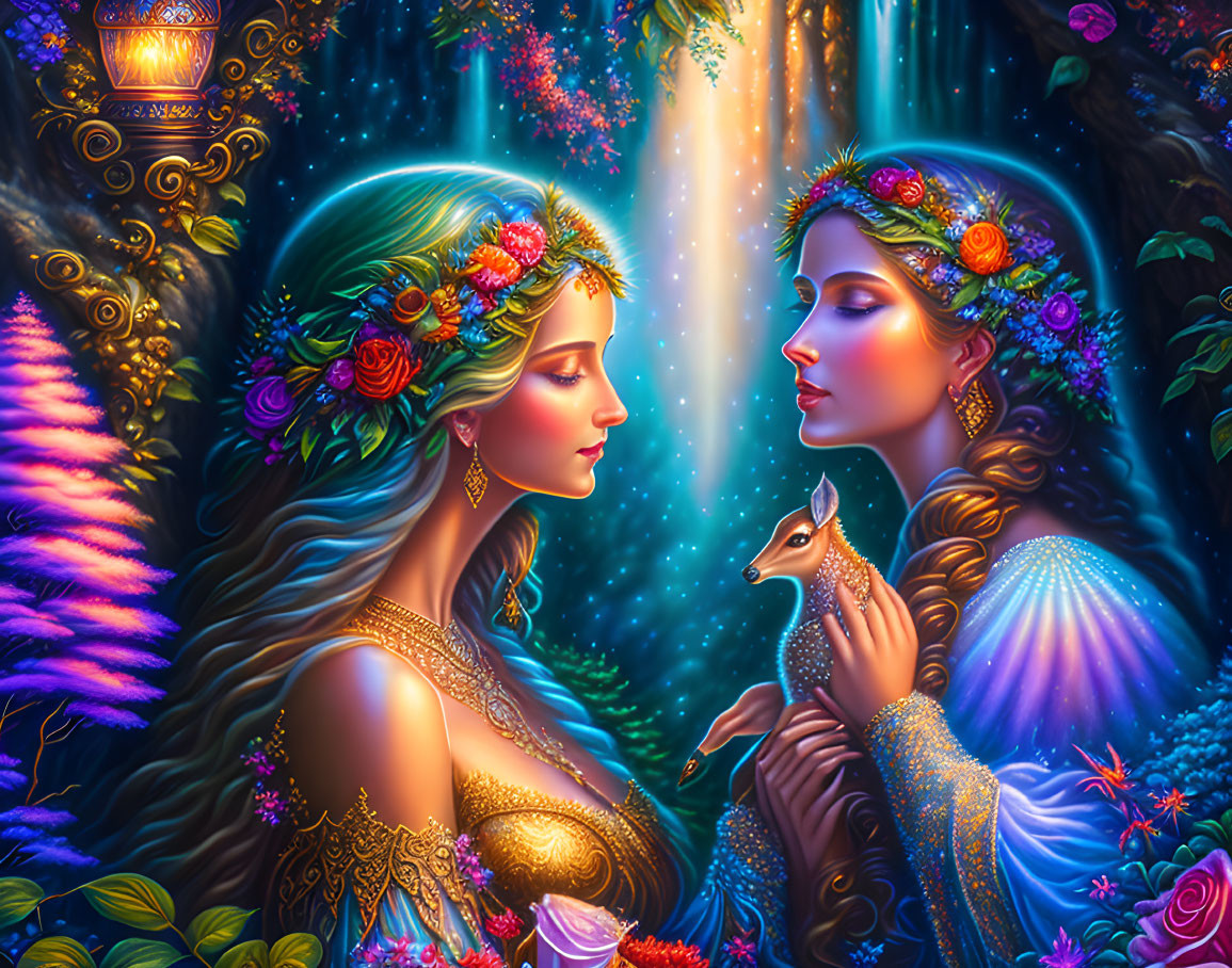 Ethereal women with floral crowns in enchanted forest