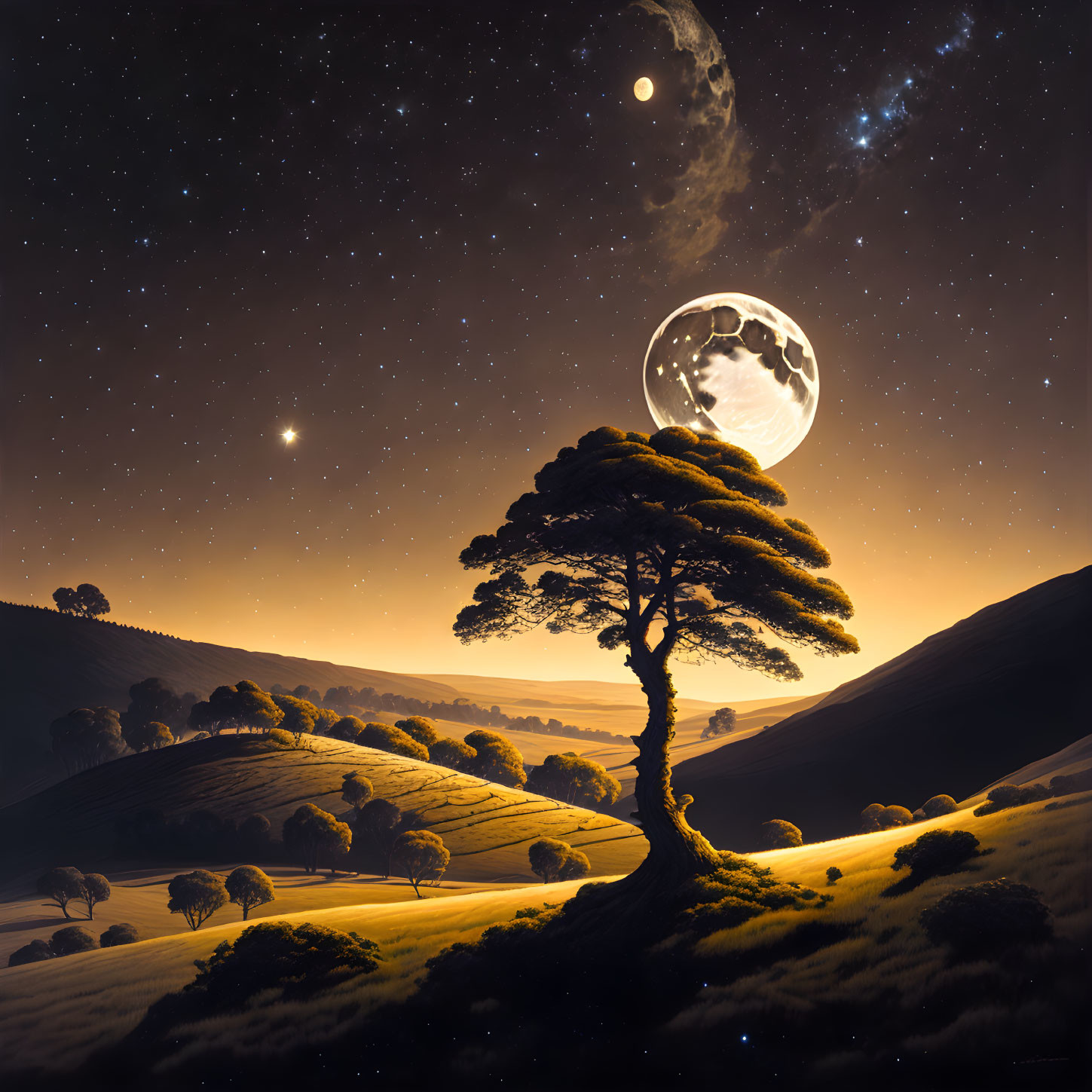 Solitary tree on rolling hill under starry night sky with full moon, Venus, and crescent