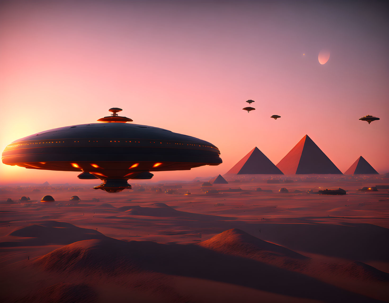 Large UFO over desert pyramids with smaller crafts in dusky sky