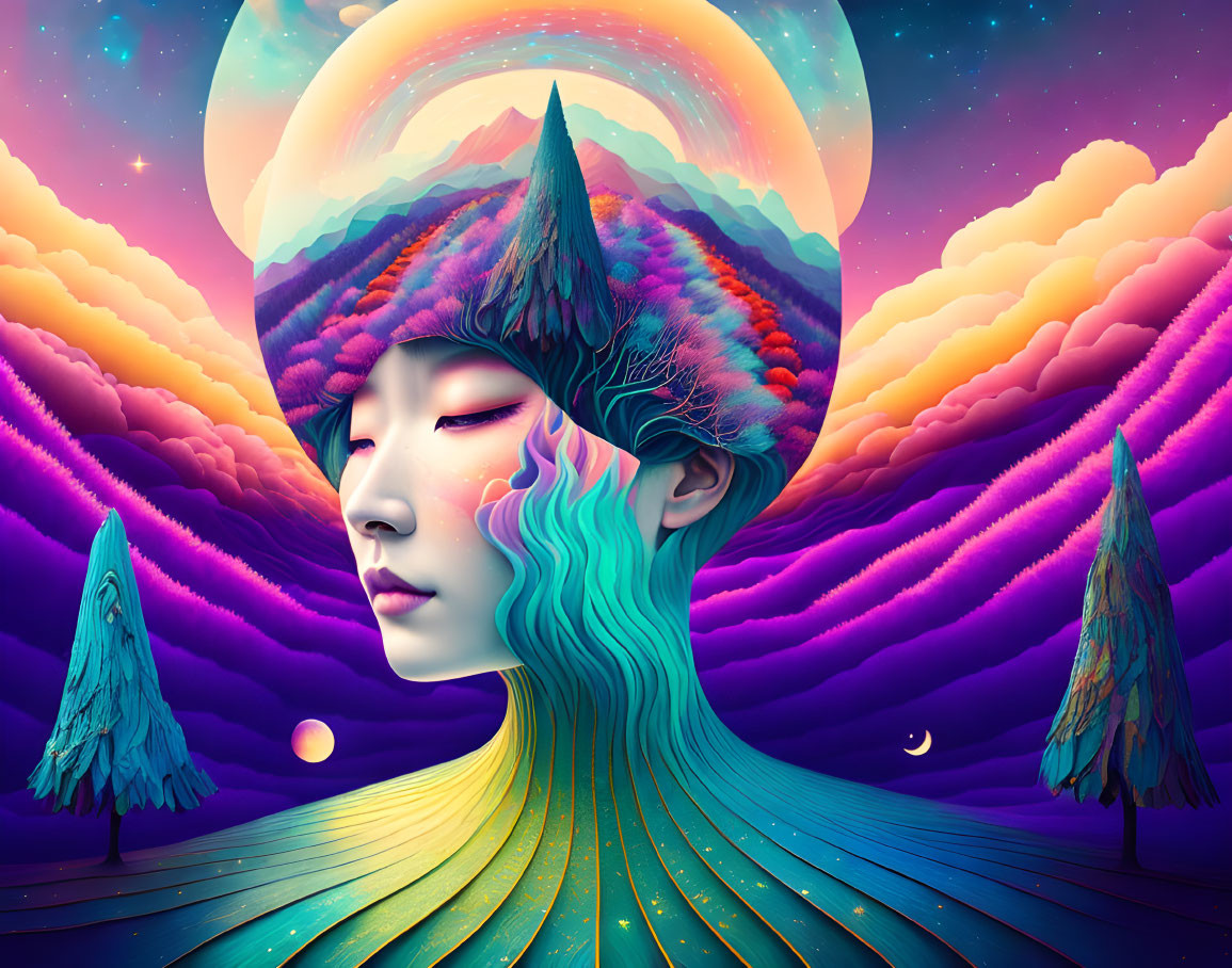 Colorful landscape merges with woman's face in surreal portrait